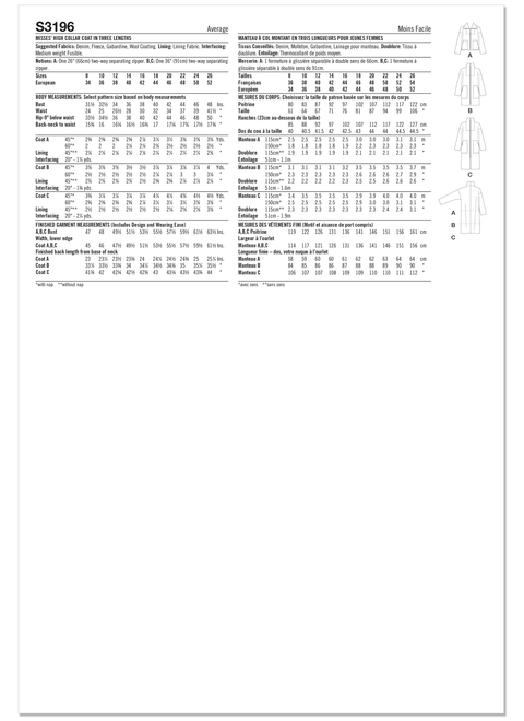 Simplicity S3196 | Simplicity Sewing Pattern Misses' High Collar Coat in Three Lengths | Back of Envelope