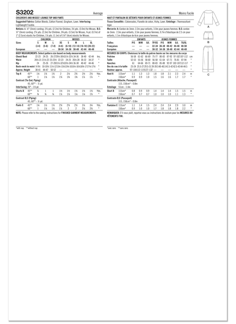 Simplicity S3202 | Simplicity Sewing Pattern Children's and Misses' Lounge Top, Shorts and Pants | Back of Envelope