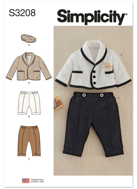 Simplicity S3208 | Simplicity Sewing Pattern Babies' Jacket, Pants in Two Lengths and Cap in S-M-L | Front of Envelope