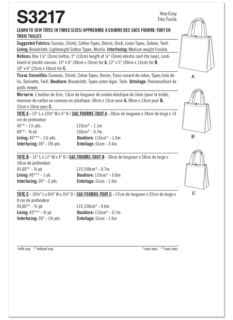 Simplicity S3217 | Simplicity Sewing Pattern Learn to Sew Totes in Three Sizes | Back of Envelope