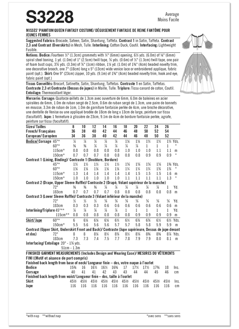 Simplicity S3228 | Simplicity Sewing Pattern Misses' Phantom Queen Fantasy Costume by Raine Emery | Back of Envelope