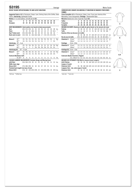 Simplicity S3195 | Simplicity Sewing Pattern Misses' Blouse with Detachable Tie and Sleeve Variations | Back of Envelope