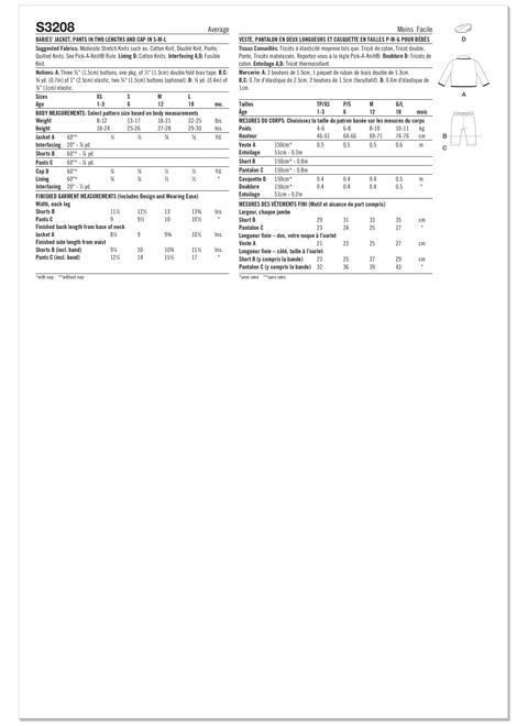 Simplicity S3208 | Simplicity Sewing Pattern Babies' Jacket, Pants in Two Lengths and Cap in S-M-L | Back of Envelope