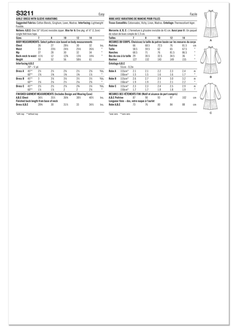 Simplicity S3211 | Simplicity Sewing Pattern Girls' Dress with Sleeve Variations | Back of Envelope