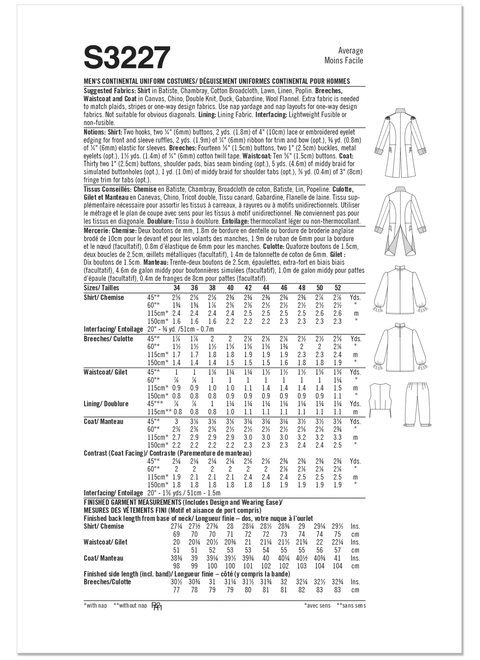 Simplicity S3227 | Simplicity Sewing Pattern Men's Continental Uniform Costumes | Back of Envelope