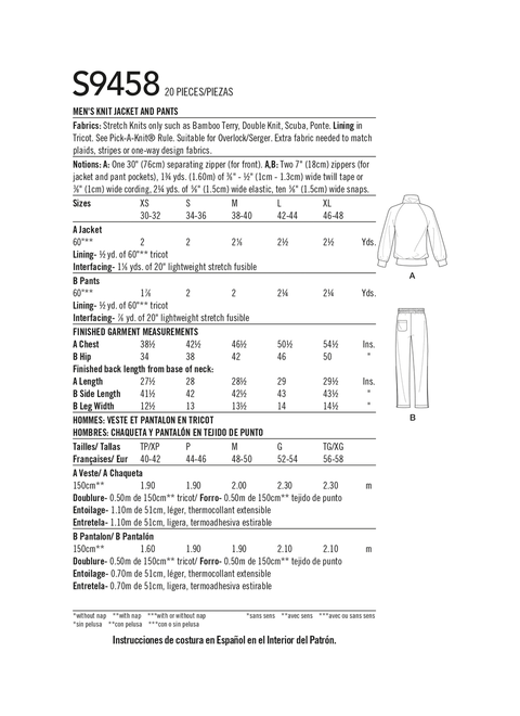 Simplicity S9458 | Men's Knit Jacket and Pants | Back of Envelope
