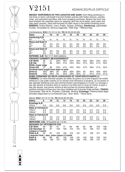 Vogue Patterns V2151 | Vogue Patterns Misses' Shirtdress in Two Lengths and Sash | Back of Envelope