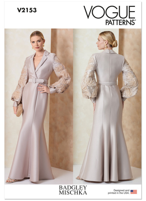 Vogue Patterns V2153 | Vogue Patterns Misses' Evening Gown with Embellished Sleeves and Belt by Badgley Mischka | Front of Envelope