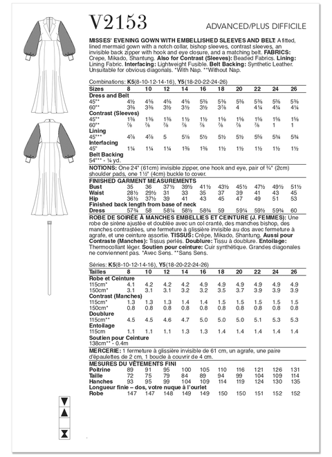 Vogue Patterns V2153 | Vogue Patterns Misses' Evening Gown with Embellished Sleeves and Belt by Badgley Mischka | Back of Envelope