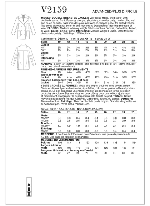 Vogue Patterns V2159 | Vogue Patterns Misses' Double-Breasted Jacket  | Back of Envelope