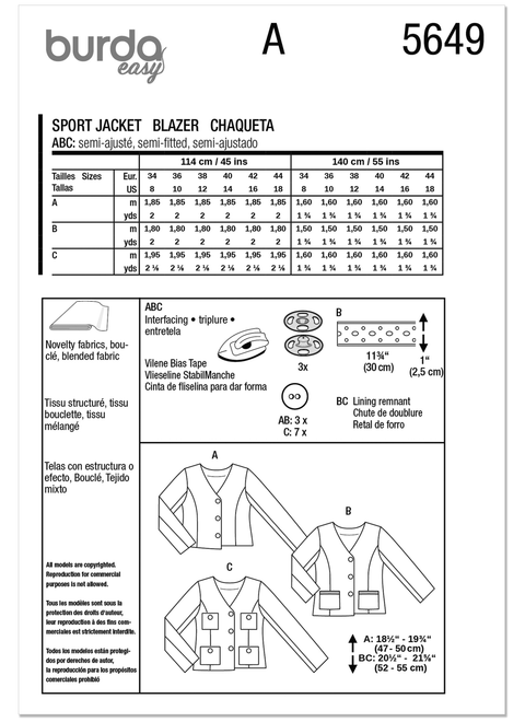 Burda Style BUR5649 | Burda Style Pattern 5649 Misses' Jackets | Back of Envelope
