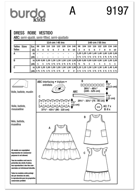 Burda Style BUR9197 | Burda Style Pattern 9197 Children's Dresses | Back of Envelope