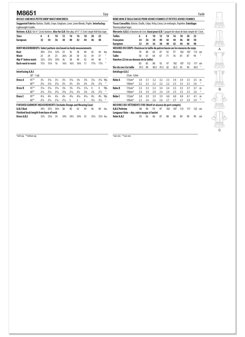 McCall's M8651 | Misses' and Miss Petite Drop Waist Mini Dress | Back of Envelope