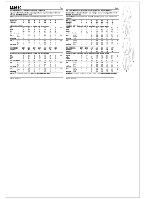McCall's M8659 | Misses' and Women's Handkerchief Hem Skirt and Tie Belt | Back of Envelope