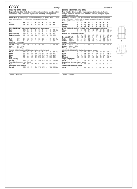 Simplicity S3238 | Simplicity Sewing Pattern Misses' Vest Top and Shorts by Mimi G Style | Back of Envelope