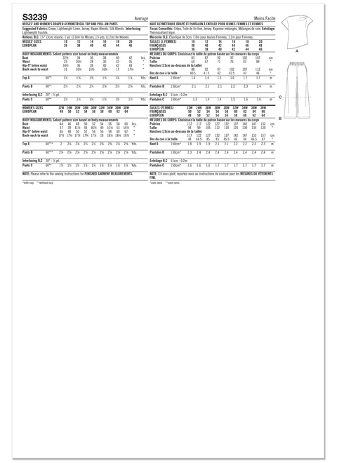 Simplicity S3239 | Simplicity Sewing Pattern Misses' and Women's Draped Asymmetrical Top and Pull-On Pants | Back of Envelope