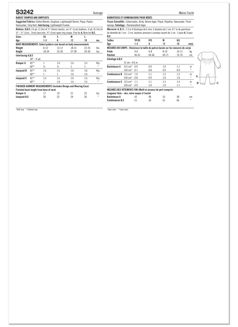 Simplicity S3242 | Simplicity Sewing Pattern Babies' Rompers and Jumpsuit's | Back of Envelope