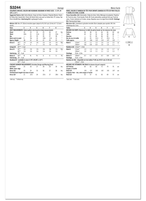 Simplicity S3244 | Simplicity Sewing Pattern Children's Dresses, Bolero and Headband in Three Sizes | Back of Envelope