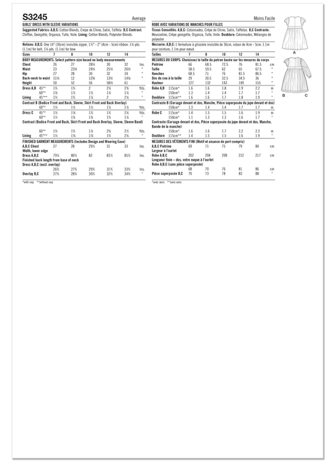 Simplicity S3245 | Simplicity Sewing Pattern Girls' Dress with Sleeve Variations | Back of Envelope