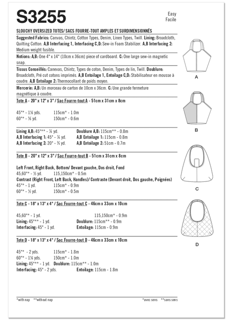 Simplicity S3255 | Simplicity Sewing Pattern Slouchy Oversized Totes | Back of Envelope