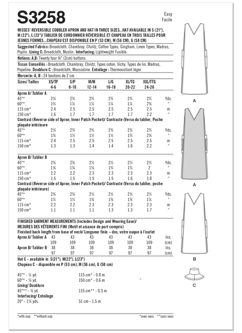 Simplicity S3258 | Simplicity Sewing Pattern Misses' Reversible Cobbler Apron and Hat in Three Sizes S, M and L | Back of Envelope