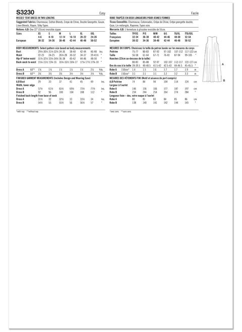 Simplicity S3230 | Simplicity Sewing Pattern Misses' Tent Dress in Two Lengths by Mimi G Style | Back of Envelope