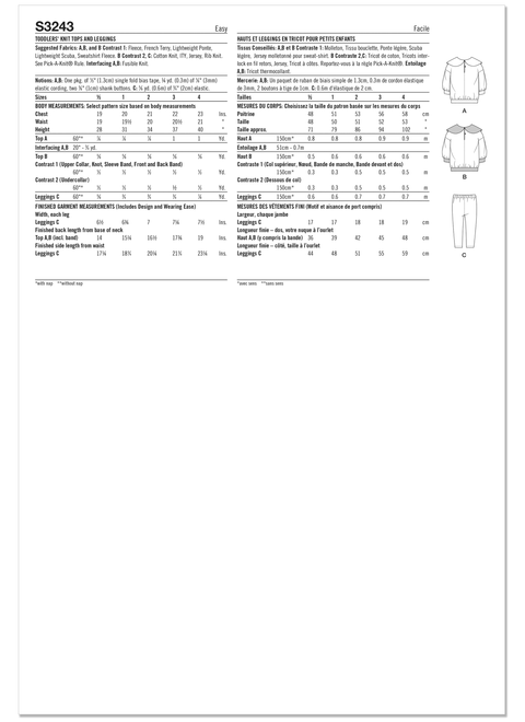Simplicity S3243 | Simplicity Sewing Pattern Toddler's Knit Tops and Leggings | Back of Envelope