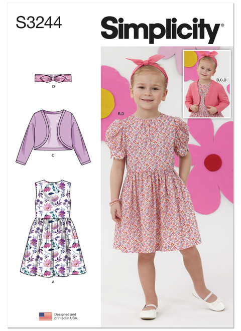 Simplicity S3244 | Simplicity Sewing Pattern Children's Dresses, Bolero and Headband in Three Sizes | Front of Envelope
