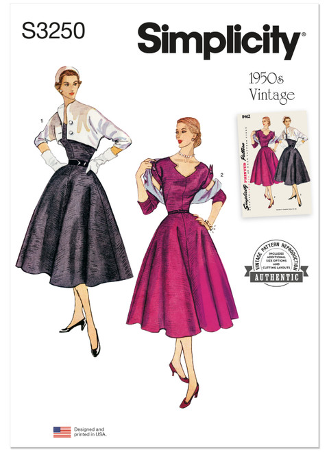 Simplicity S3250 | Simplicity Sewing Pattern 1950s Misses' Dress and Reversible Bolero | Front of Envelope