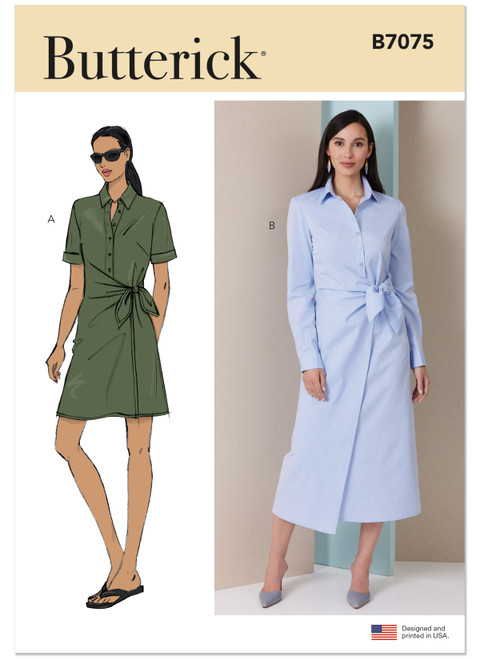 Butterick B7075 | Butterick Sewing Pattern Misses' Wrap Front Shirtdress in Two Lengths | Front of Envelope