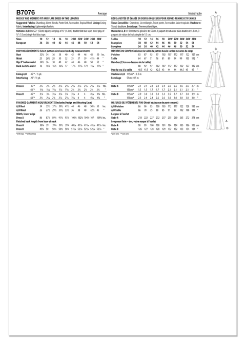 Butterick B7076 | Butterick Sewing Pattern Misses' and Women's Fit and Flare Dress in Two Lengths | Back of Envelope