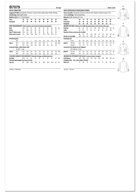 Butterick B7079 | Butterick Sewing Pattern Misses' Wrap Tops | Back of Envelope