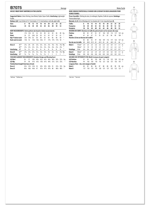 Butterick B7075 | Butterick Sewing Pattern Misses' Wrap Front Shirtdress in Two Lengths | Back of Envelope