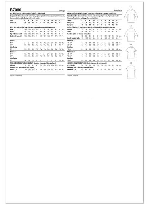 Butterick B7080 | Butterick Sewing Pattern Misses' Stand Collar Blouse with Sleeve Variations | Back of Envelope