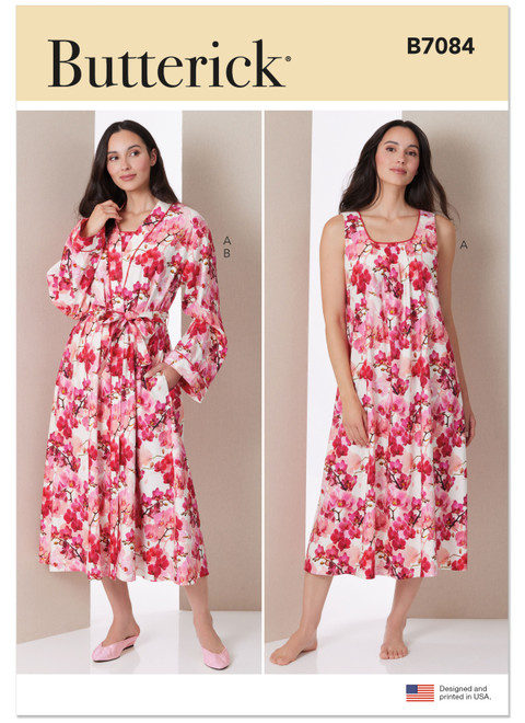 Butterick B7084 | Butterick Sewing Pattern Misses' Nightgown and Robe with Tie Belt | Front of Envelope