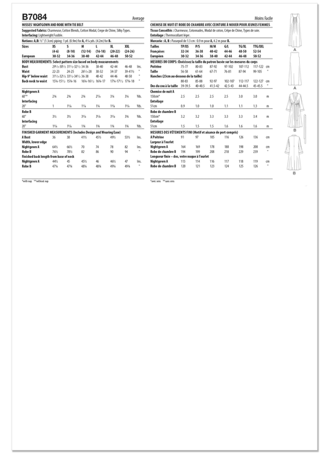 Butterick B7084 | Butterick Sewing Pattern Misses' Nightgown and Robe with Tie Belt | Back of Envelope