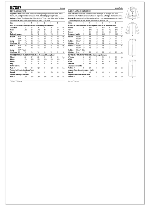 Butterick B7087 | Butterick Sewing Pattern Boys' Blazer and Pants | Back of Envelope