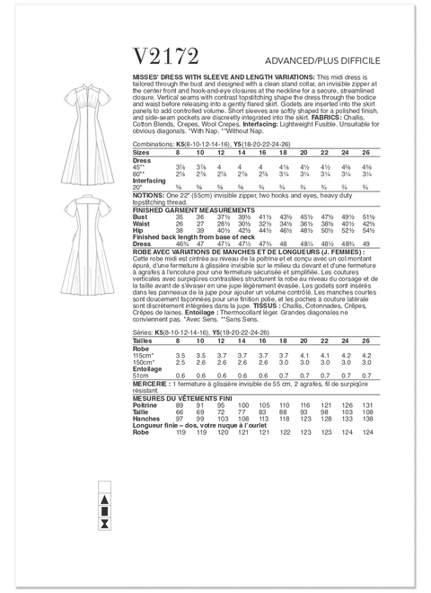 Vogue Patterns V2172 | Vogue Patterns Misses' Dress With Sleeve And Length Variations | Back of Envelope