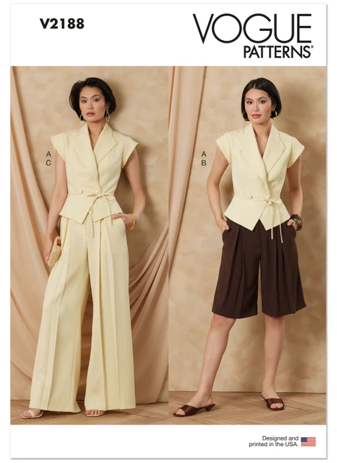Vogue Patterns V2188 | Vogue Patterns Misses' Structured Top With Tie Belt, Shorts And Pants | Front of Envelope