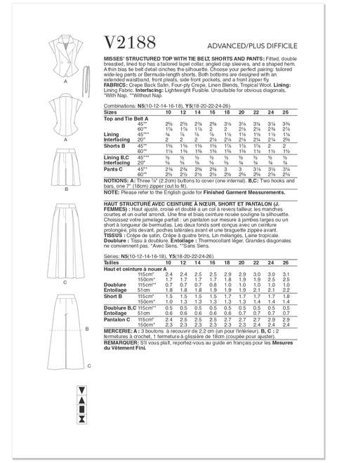 Vogue Patterns V2188 | Vogue Patterns Misses' Structured Top With Tie Belt, Shorts And Pants | Back of Envelope