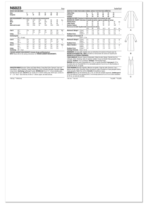 New Look N6823 | New Look Sewing Pattern Misses' Coat and Dress | Back of Envelope