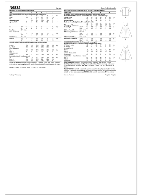 New Look N6832 | New Look Sewing Pattern Children's Top, Dress or Jumper and Romper | Back of Envelope