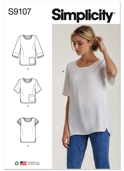 Simplicity S9107 | Misses' Tops with Sleeve & Length Variation | Front of Envelope