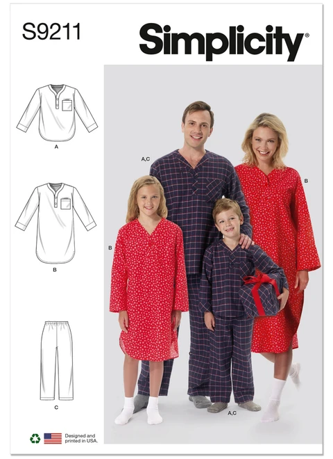 Simplicity S9211 | Misses'/Men's/Boys'/Girls' Patch Pocket Top, Nightshirt and Pants | Front of Envelope
