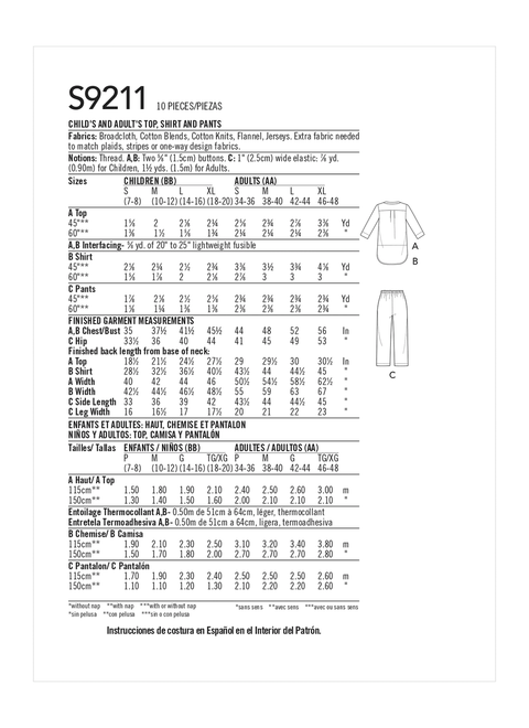 Simplicity S9211 | Misses'/Men's/Boys'/Girls' Patch Pocket Top, Nightshirt and Pants | Back of Envelope