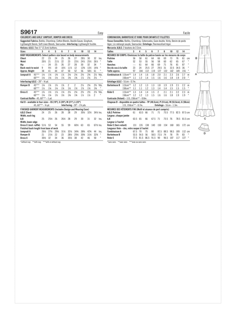 Simplicity S9617 | Children's and Girls' Jumpsuit, Romper and Dress | Back of Envelope