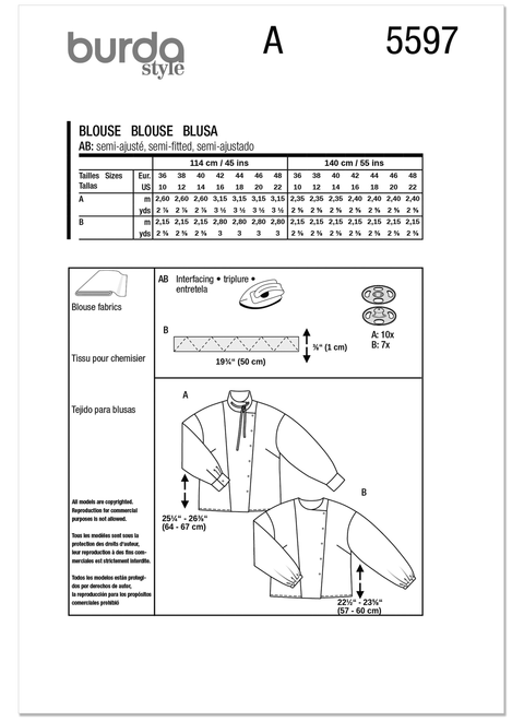 Burda Style BUR5597 | Burda Style Pattern 5597 Misses' Blouse | Back of Envelope