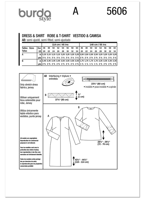 Burda Style BUR5606 | Burda Style Pattern 5606 Misses' Dress and Shirt | Back of Envelope