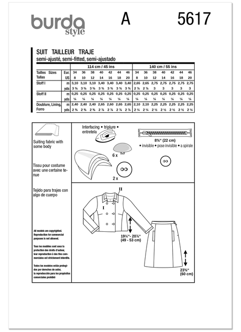 Burda Style BUR5617 | Burda Style Pattern 5617 Misses' Jacket and Skirt | Back of Envelope