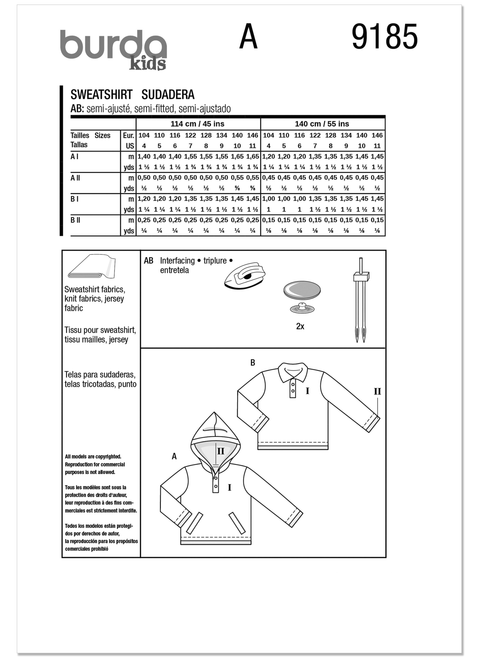 Burda Style BUR9185 | Burda Style Pattern 9185 Children's Sweatshirt | Back of Envelope